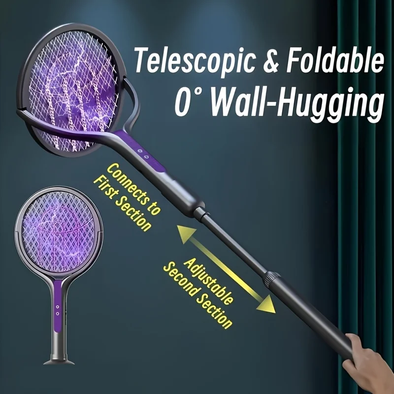 Matamoscas Eléctrico con Cabezal Giratorio 2 en 1, Raqueta Antimosquitos y Matamosquitos para Interiores, Hogar, Patio, Campamento, Oficina