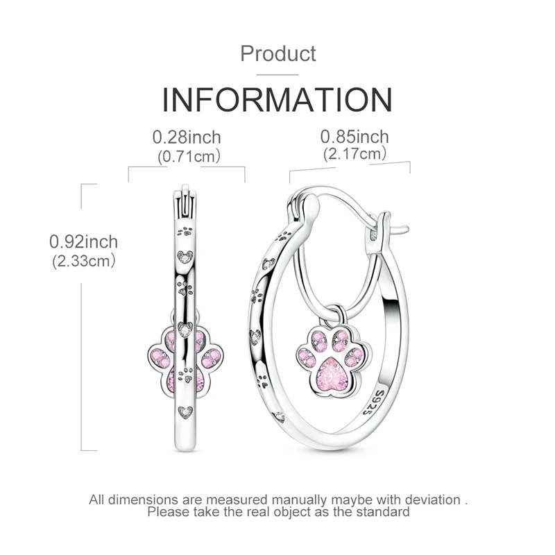 Original 925 Sterling Silver Cute Pink Pet Paw Drop Hoop Earrings For Women Party Wedding Jewelry Gift view 3