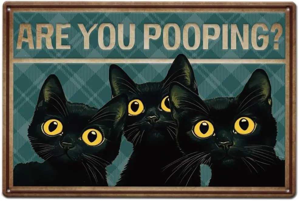 SUPERDANT Toilet Black Cat Tin Sign Are You Pooping Metal Signs Bathroom Funny M