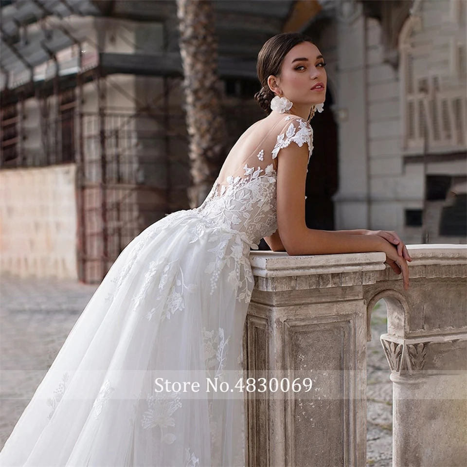 Sexy Appliques Tulle Lace O-neck Short Sleeves Illusion Wedding Dresses For Women 2024 Court Train Bridal Gown Vestidos De Novia