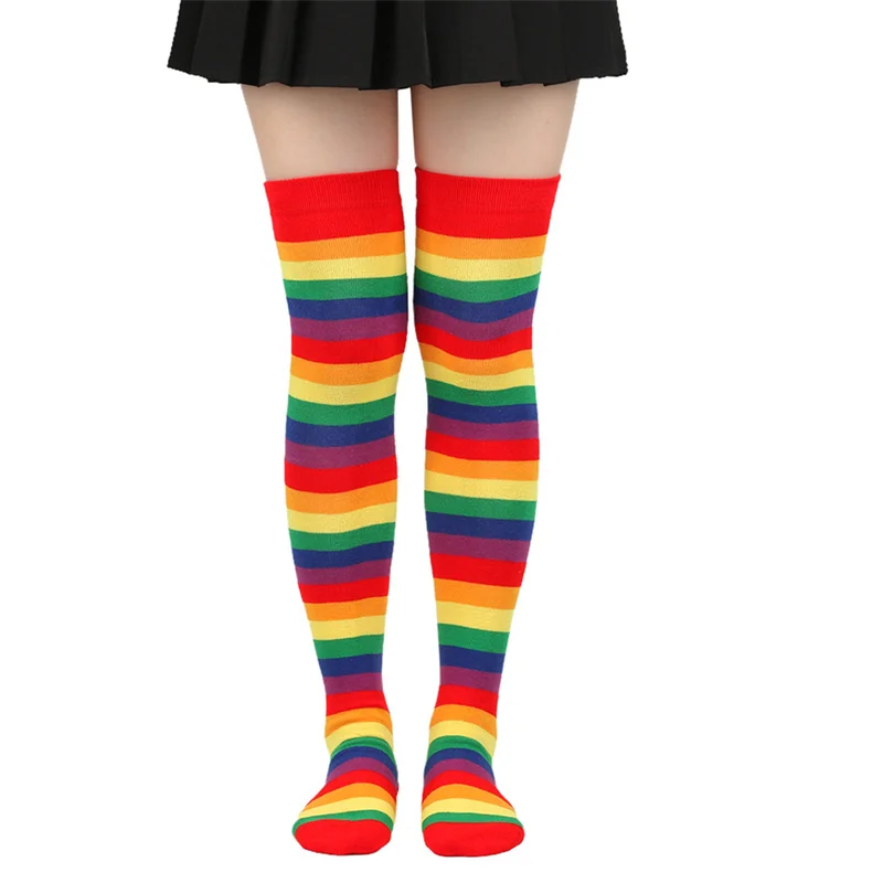 CHRONSTYLE Women Thigh High Socks Rainbow Striped Print Lolita Kawaii Cosplay Christmas Boot Socks Winter Warm Stockings 2025