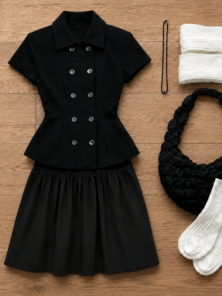 2026 Fall Korean Retro 2‑Piece Outfit Plaid Short Sleeve Blouse High Waist Pleated Skirt Y2K Harajuku Daily Street Matching Set image 3