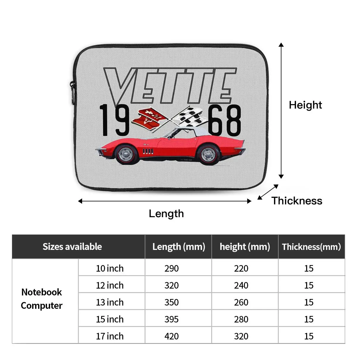 1968 الأحمر كورفيت C3 للتحويل الكلاسيكية سيارة دفتر حقيبة لابتوب الحقيبة دفتر غطاء للأكمام حقيبة اللوحي للصدمات حقيبة