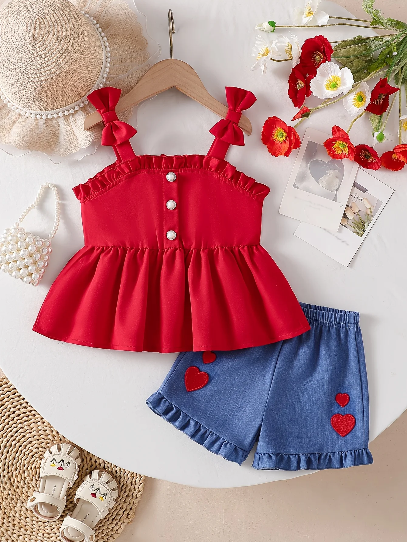 

Летний комплект из двух предметов для девочек: топ на бретельках с красным бантом и рюшами + шорты с сердечками | Подарок на День святого Валентина / Подарок на день рождения для девушки