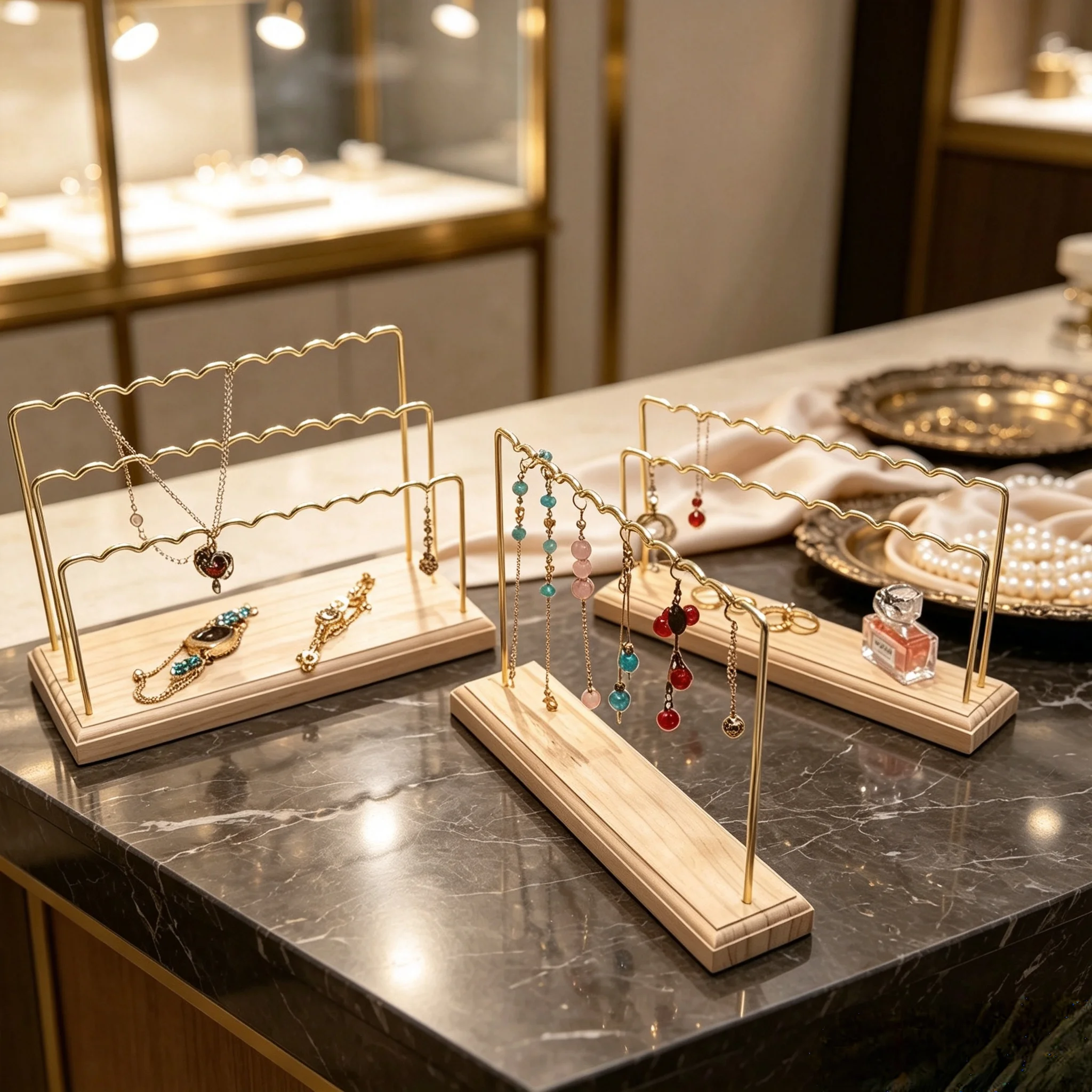 Wood Earring Display Stand Long-Lasting Plated Metal Hanging Bar Stand with Iron Findings Golden Display Stands for Bracelet