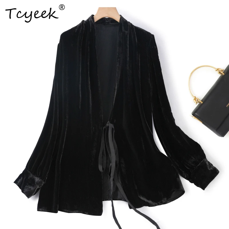 

Tcyeek 100% шелк шелковицы весна осень бархатный кружевной фонарь с длинными рукавами и v-образным вырезом черные женские рубашки Женская Одеждажностьжность 무 изменений