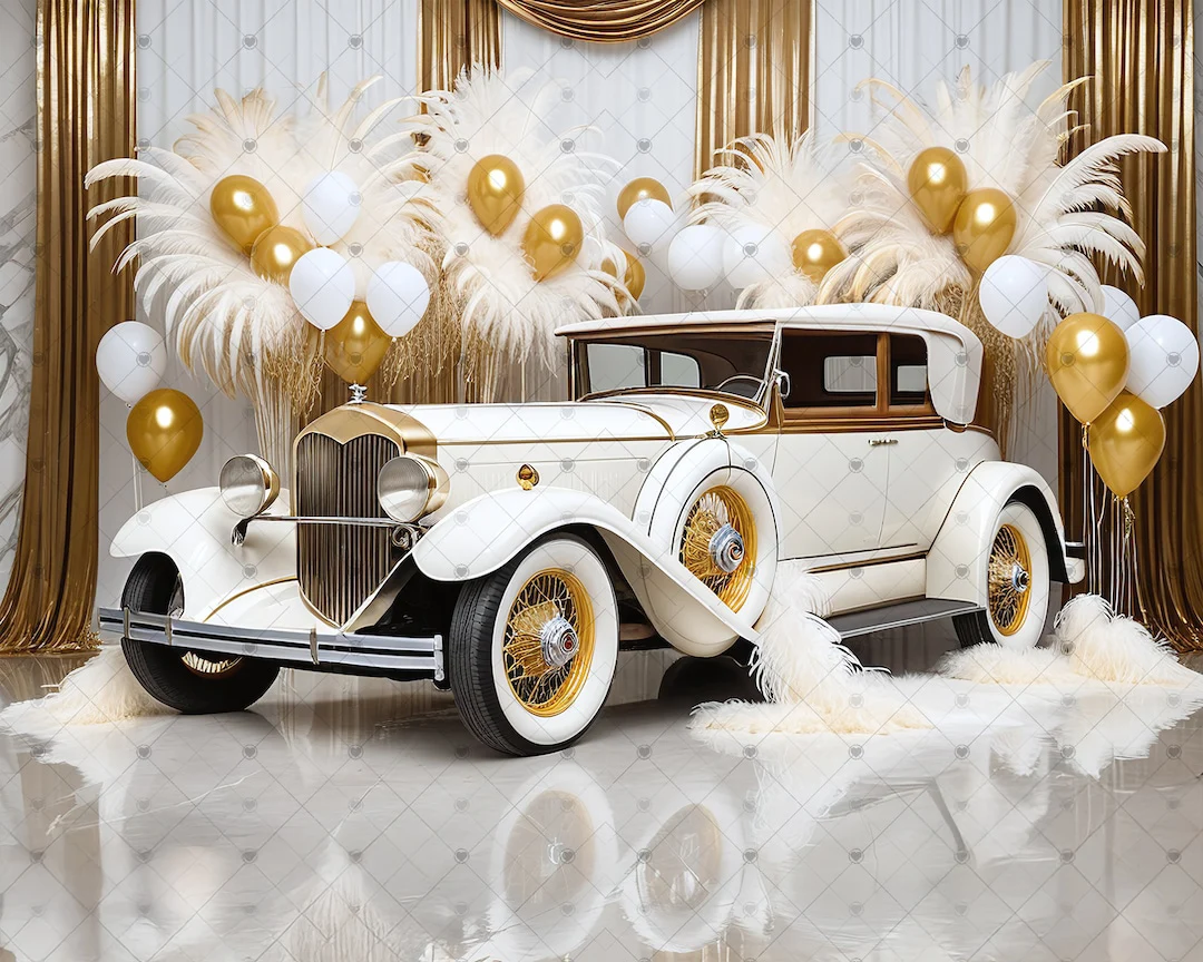 

White Gold 1920s Greate Gatsby Balloon Old Car Feather backdrops party supplies Photography Studio Backgrounds