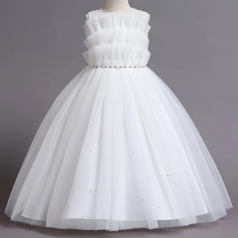 

3 4 5 6 7 8 9 10 11 12yrs Child Embroidered Leaf Kid Dress Elegant Evening Dress Sleeveless Short Mesh Party Performance Dresses