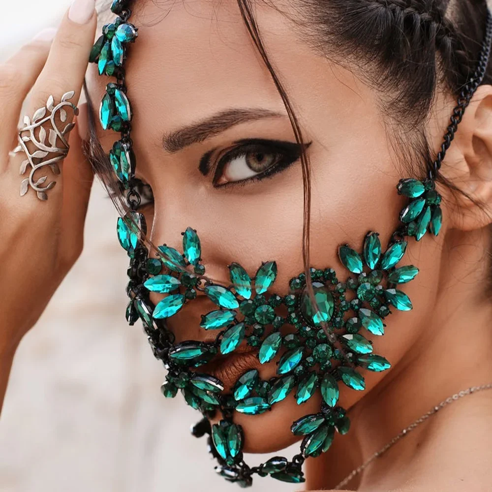 

2024 Halloween Green Crystal facial mask Women's Luxury Flower Role Play Mask Decoration Ball Jewelry