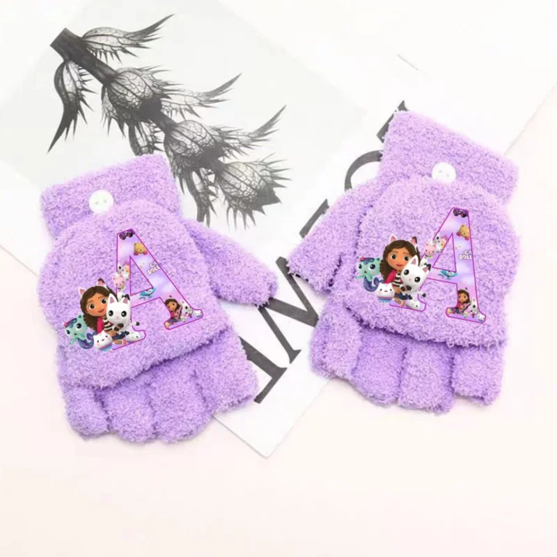 Gabby Dollhouse Children Gloves Boys Girls Half-finger Flip Gloves Letter A-Z Cartoon Warm Student Mittens Xmas Birthday Gifts