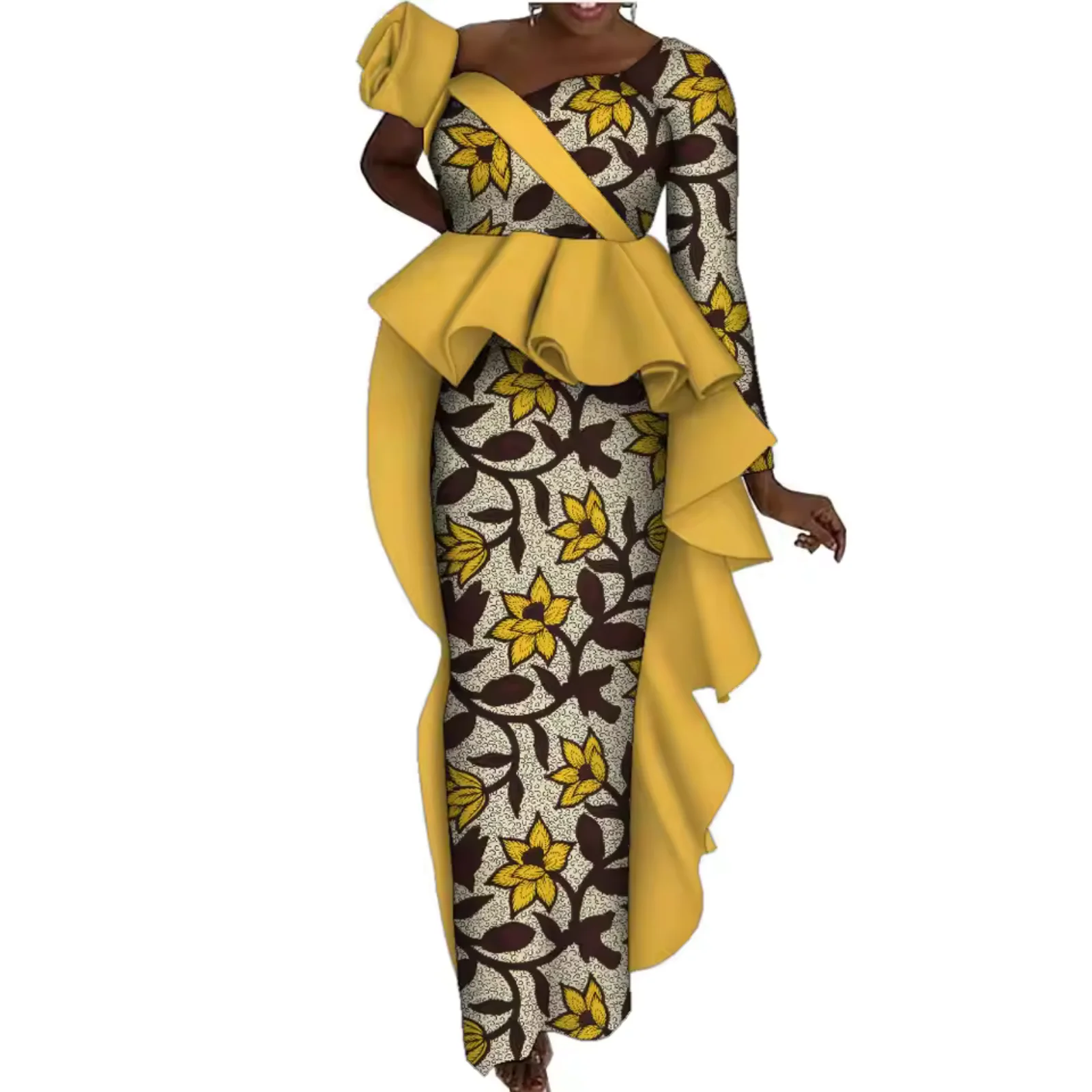 

One Shoulder Plus Size Women African Long Maxi Dress Draped Ruffled Ankara Evening Dress Long Sleeves