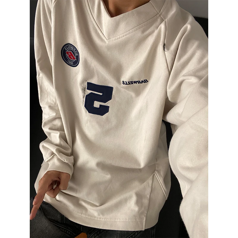 

Retro American Dyed Embroidered Sweatirt Men's Spring Autumn V-ne Heavyweight Sports Ball Game High Quali Couple Jaets