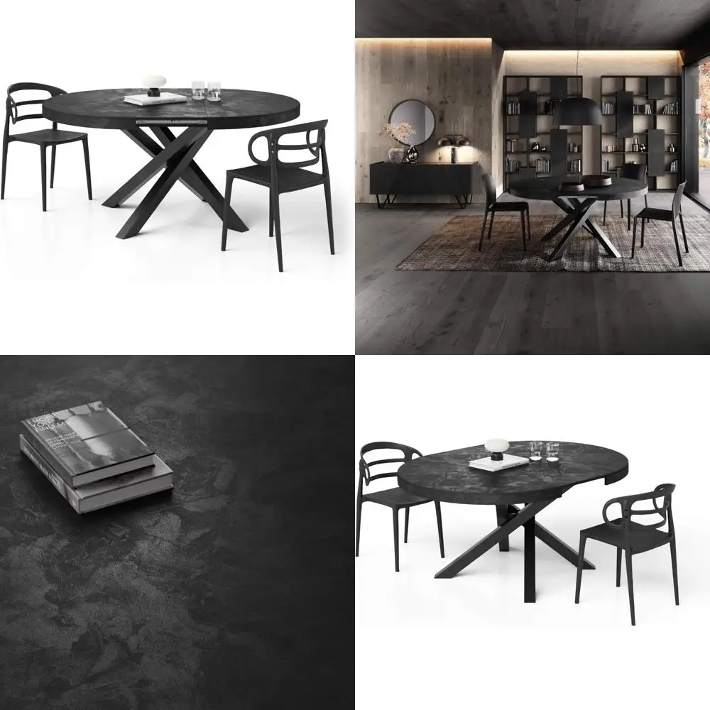 طاولة طعام مستديرة قابلة للتمديد من إيما، 47.2-63 بوصة، مظهر خرساني، أسود مع أرجل متقاطعة سوداء، مقاعد 4-6