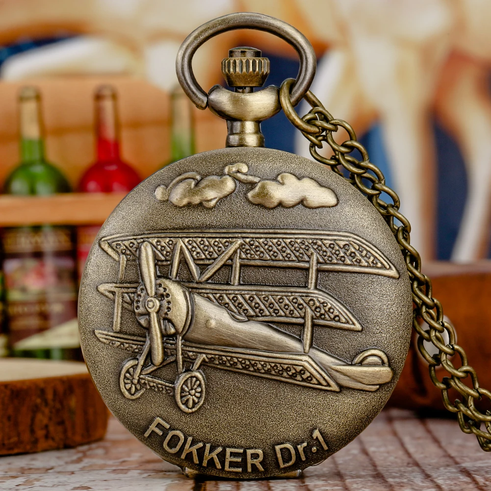 Vintage Bronze Quartz Fob Pocket Watch com Colar Corrente, Padrão Sailplane, Presente para Homens e Mulheres