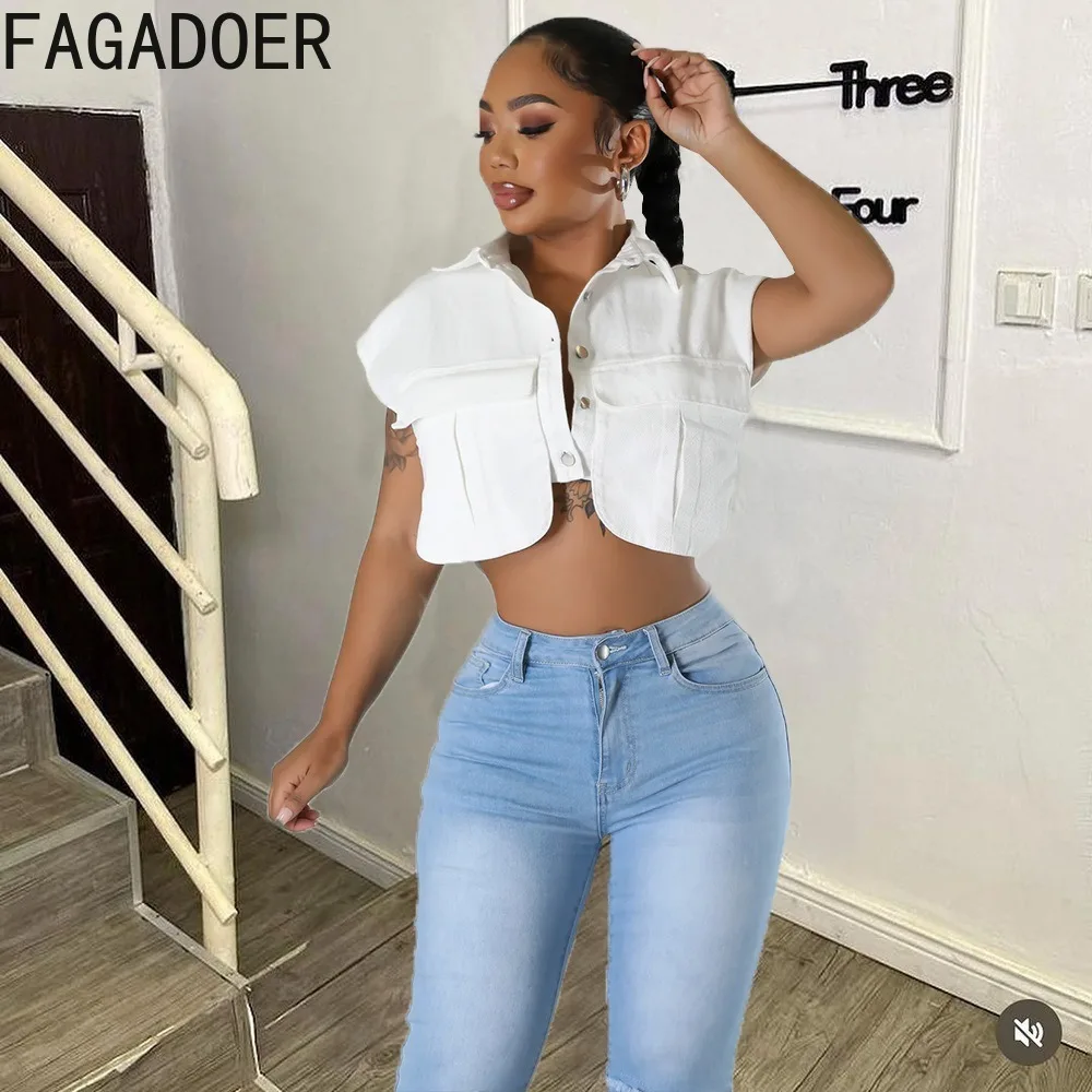 FAGADOER White Shirt Top Crop Top 2024 Summer Pockets Cargo Top Shirts Women Buttons Fashion Casual Ladies Office Street Wear