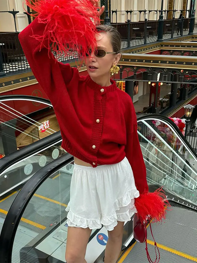 Casual O-neck Spliced Feather Knitted Cardigan For Women Fashion Single Breasted Long Sleeved Red Sweater Autumn Lady Outerwear