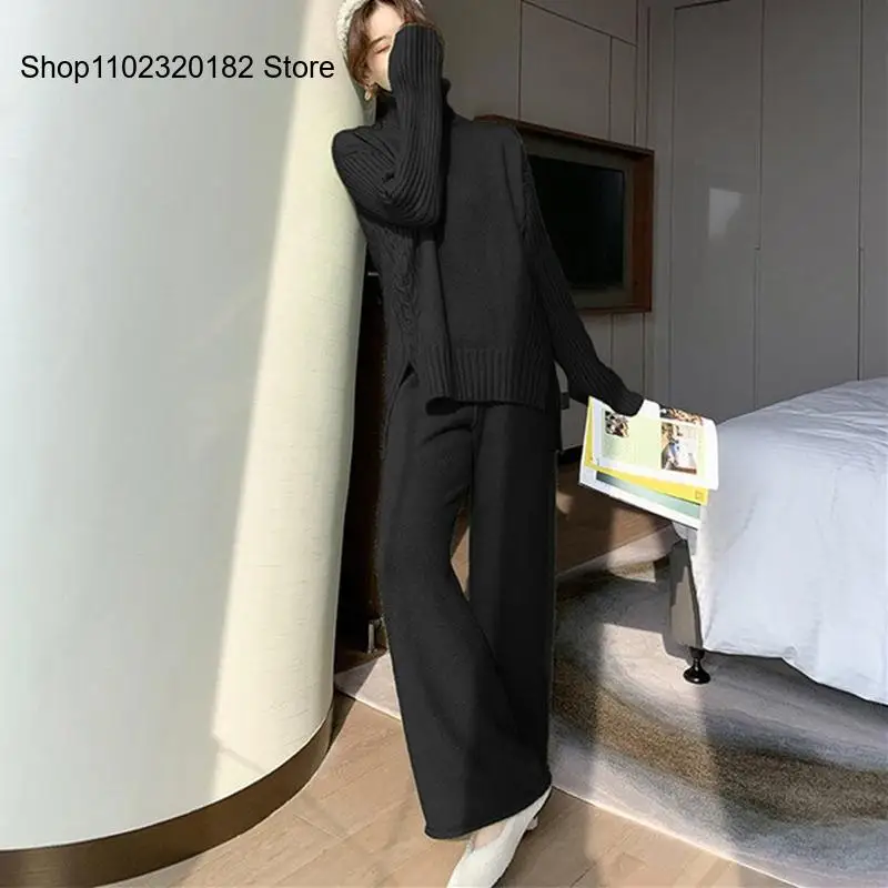 Spring and Autumn Winter Lazy Style Loose High Collar Long Sleeve Sweater Wide Leg Pants Two Piece Set for Women