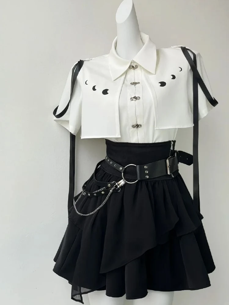 Gothic Style Elegant Top + Mini Cake Skirt + Corset Belt Three-Piece Set Women Casual Japanese Patchwork Bodycon Spring Summer view 5