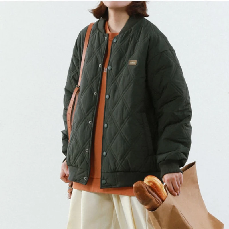 Autumn and winter short coat women's diamond lattice loose hip-hop stand-up collar solid color casual street cotton coat women