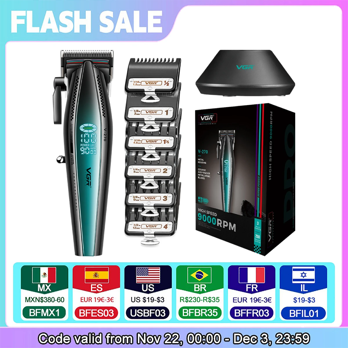 VGR Hair Trimmers Professional Hair Trimmers 9000 RPM Hair Clipper Adjustable Haircut Machine Electric LED Trimmer for Men V-270