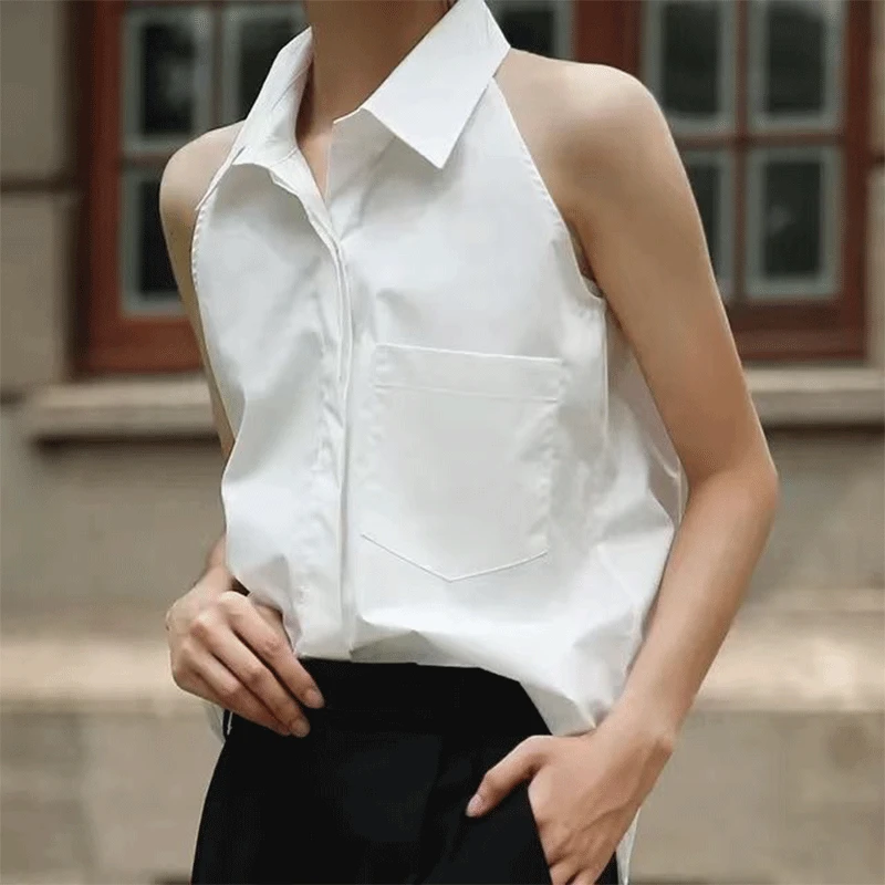 2024 New Summer Italy Elegant Fashion Loose Casual Office Lady Women\'s Shirt Solid Button Pockets Lapels Sleeveless Chic Tops