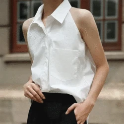 2024 New Summer Italy Elegant Fashion Loose Casual Office Lady Women's Shirt Solid Button Pockets Lapels Sleeveless Chic Tops