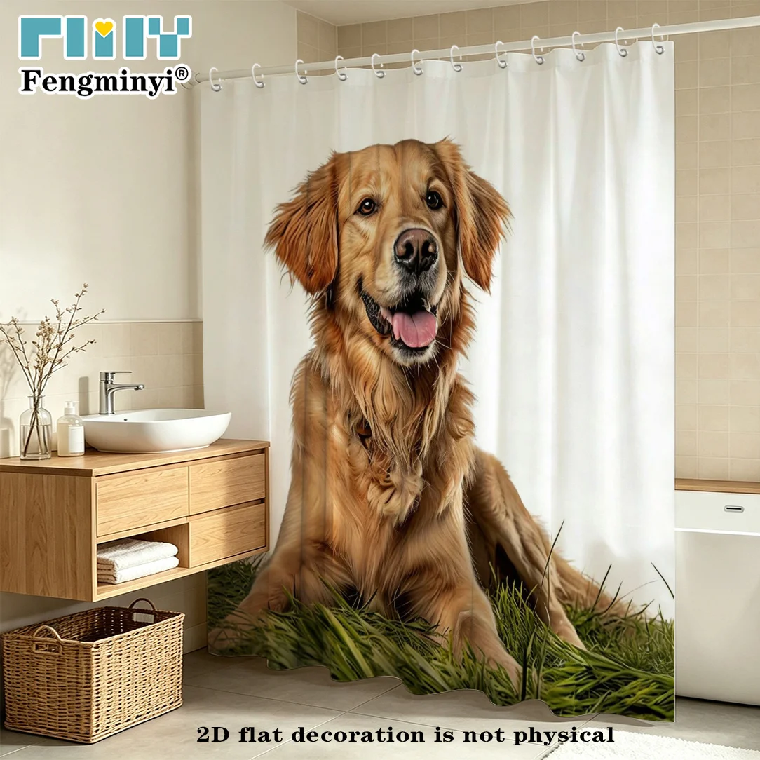 2D Flat, 2D Flat Shower Curtain 1pc, Cute Pet-Themed Shower Curtain,, Featuring an Adorable Golden Retriever on Green Grass with