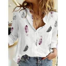 Women's Blouse Turn Down Collar Long Sleeve Hemp Fiber Shirts Top Feather Graphics Ladies Clothes Oversized Female Casual Shirts