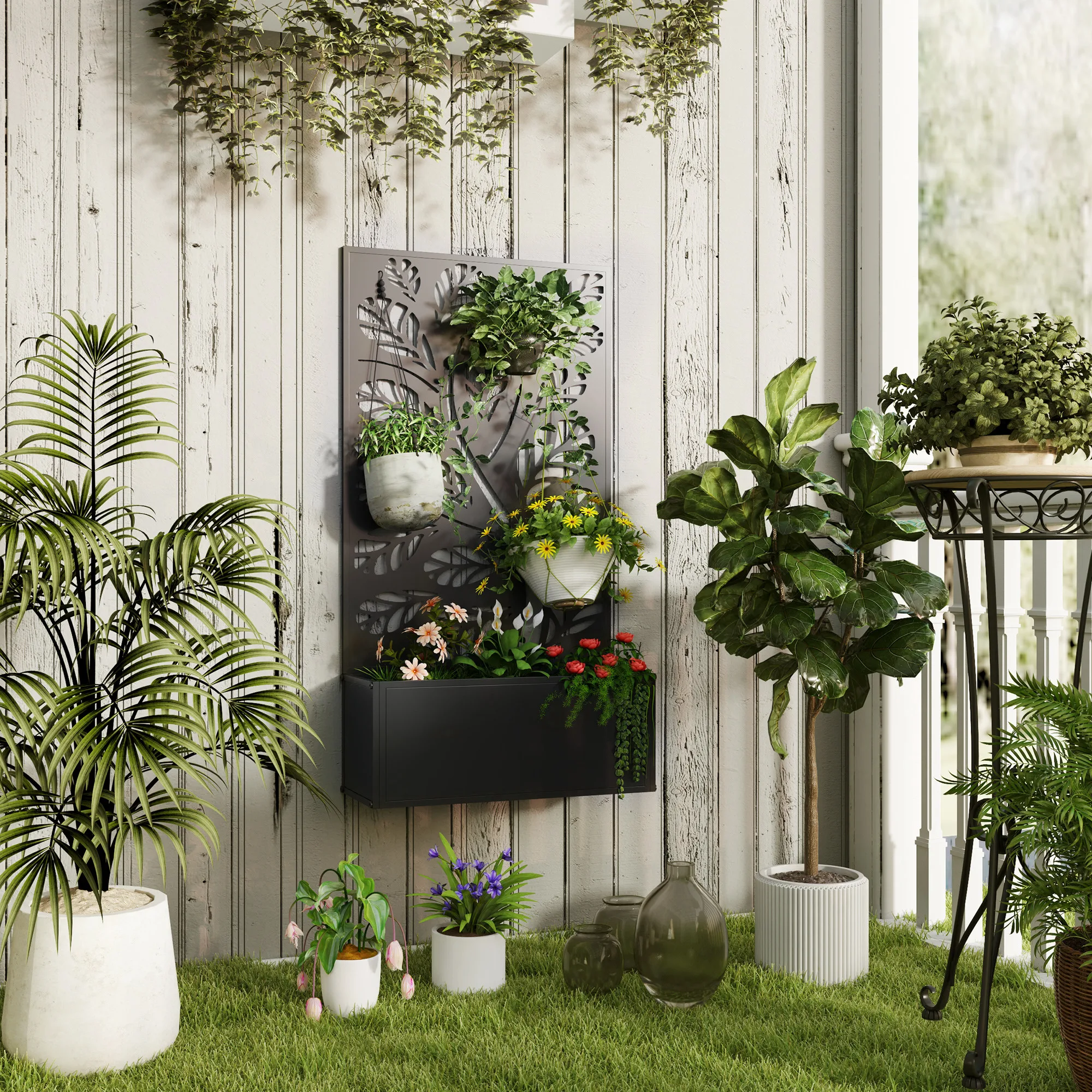 Outsunny Bloemenplank met bladmotief, plantenbak, verhoogde bedden, geschikt voor klimplanten, groenten, bloemen, metaal