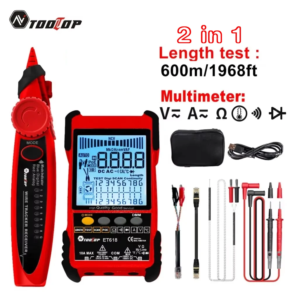 TOOLTOP Network Cable Tester Multimeter Anti-noise POE Lan Test 400M/600M Length Measure Sensitivity Adjustable Line Tracker