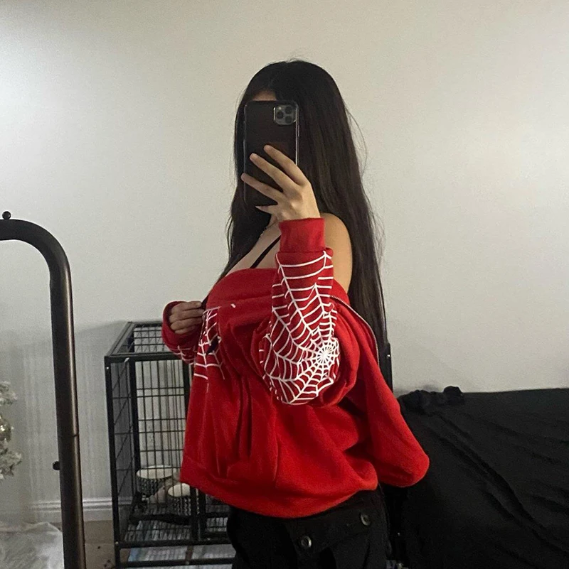 Y2k Hoodie Spider Web Printed Goth Black Hoodie Sweatshirt Zipper Streetwear Oversized Jacket Men And Women Hoodie Interesting