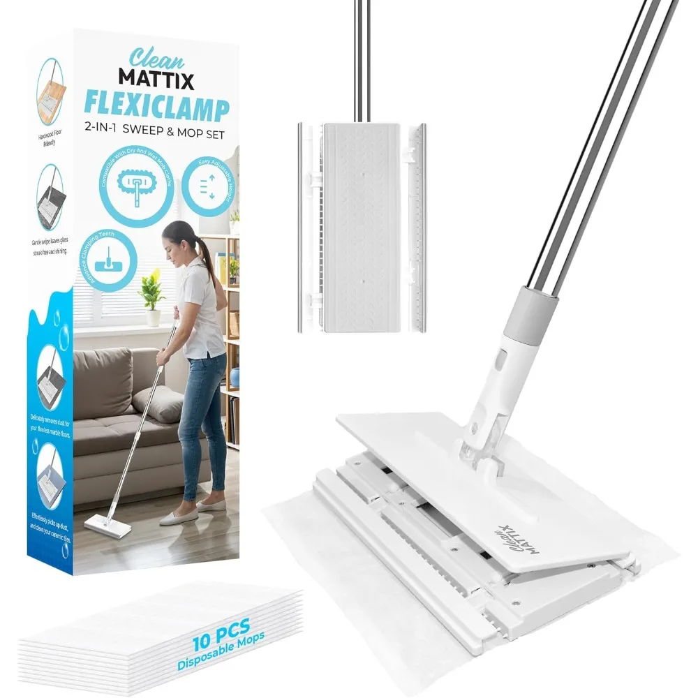 

Flexible Sweeper Mop Kit Compatible with Standard Pads for Hardwood Tile Marble Laminate Floors Includes 10 Dry Cloths