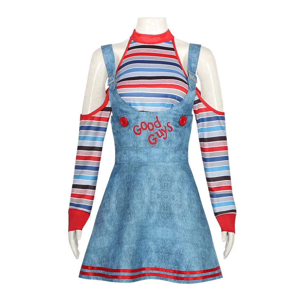 Halloween Horror Ghost Doll Cosplay Chucky Costume Women Girls Striped T-Shirt Body Skirt Fancy Dress Suit Clown Disguise Outfit