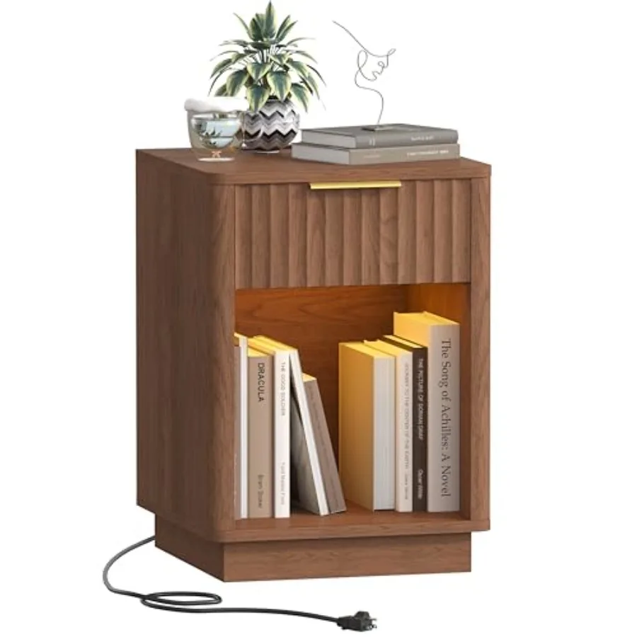 

Fluted Nightstand Wooden Night Stand with Charging Station and LED Light Modern Mid Century End Table with Drawer 15 D x 15.7 W