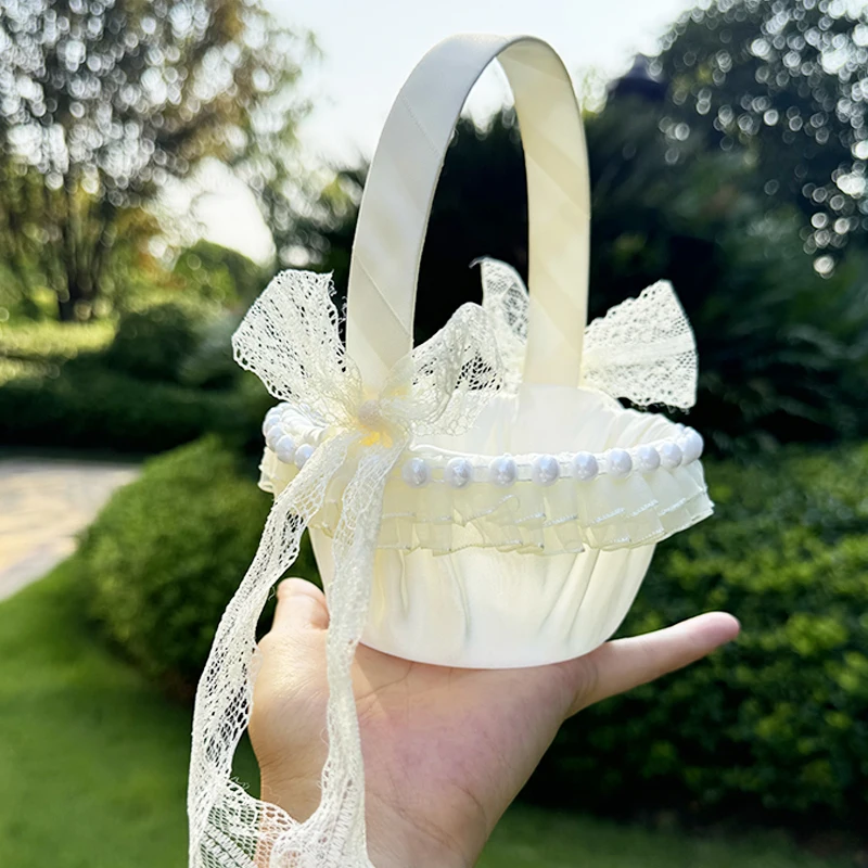 1PC Champagne Wedding Satin Lace Long Bow Small Flower Basket Western Wedding Flower Girl Basket Festival Storage Basket