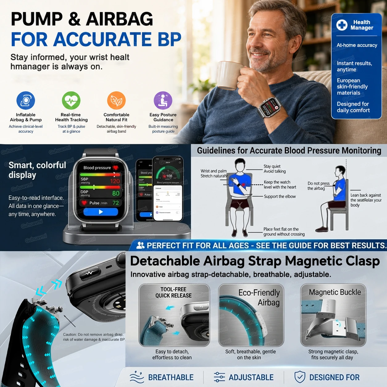2026年最新アップグレード版 エアバッグ搭載 精密血圧測定 - Android Smartwatch Accessories のレビューと価格
