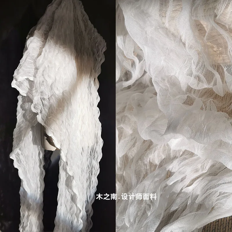 Small Bubble Texture Pressed Crushed Mesh Fabric Perspective Wedding Dress Fashion Designer Diy Sewing Material Wholesale Cloth