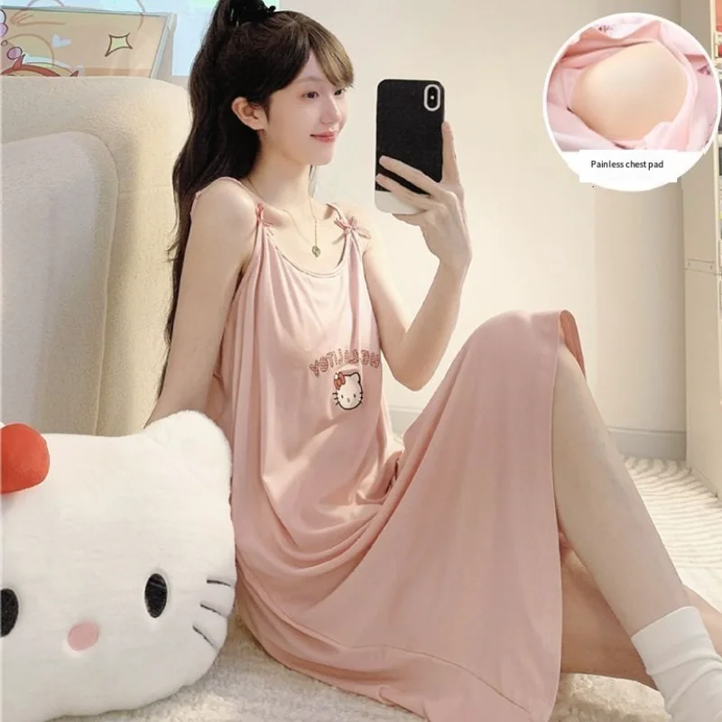 

Sanrio Hello Kitty Women's Sleeping Skirt Kawaii Cartoon Young Girl Summer Straps Sleeping Pajamas Home Clothes Dress New Style