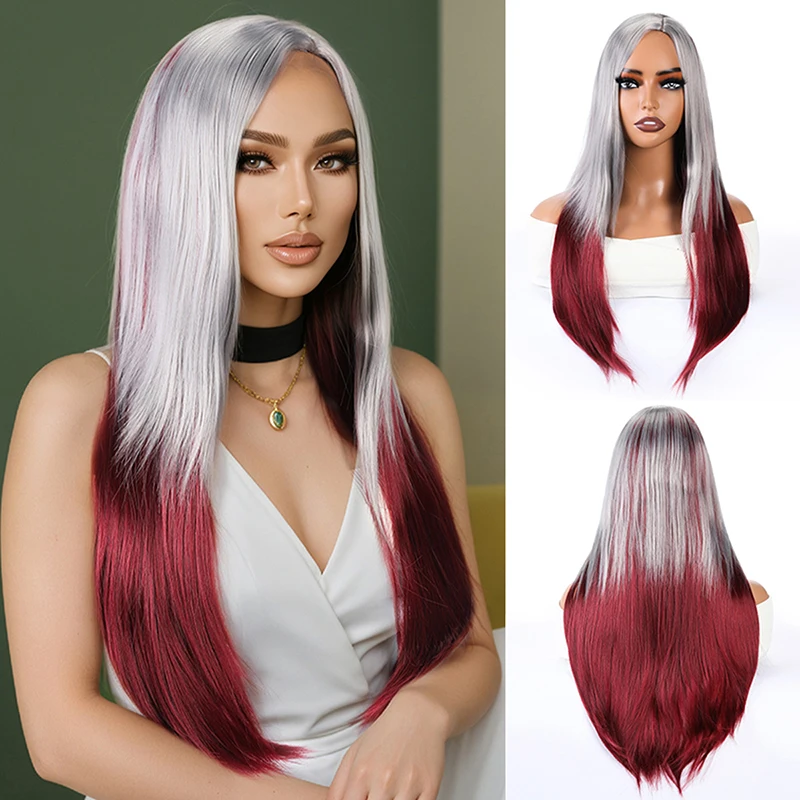 

White Gradient Long Straight Hair Synthetic Wig with Bangs and Highlights for Women (Medium Length, Mid-Part)