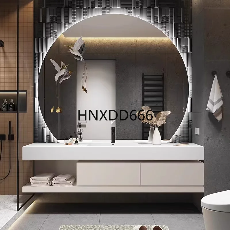 

Modern minimalist rock slab bathroom cabinet seamless ceramic integrated basin