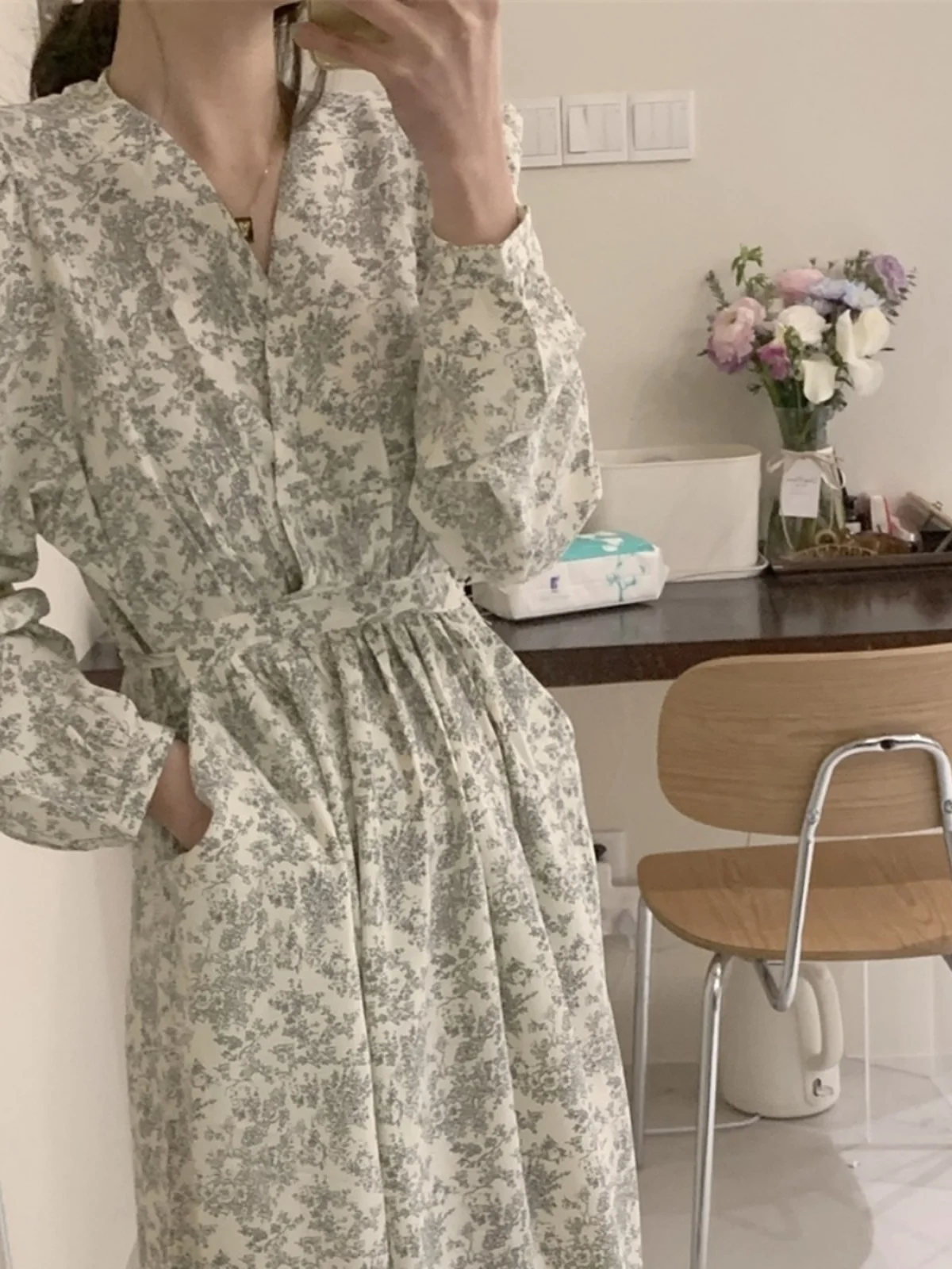 High Waist V-Ne Floral Long Dr Korean Sle Tea Break Skirt Women's Ele A-Line Gown Autumn Season Long Sve