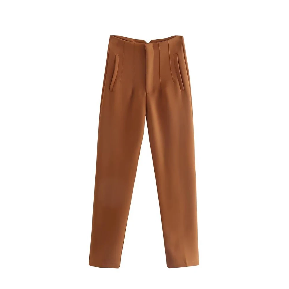 Straight Leg Pants High Waist Full Length Vintage Trousers for Women - Dark Brown