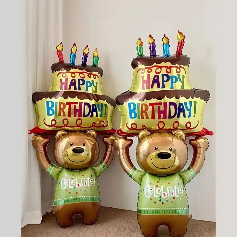 3-Layer Large Cake Balloons Happy Birthday Cartoon Bear Cake Foil Balloons for Kids Birthday Party Decoration Props Ballon Toys