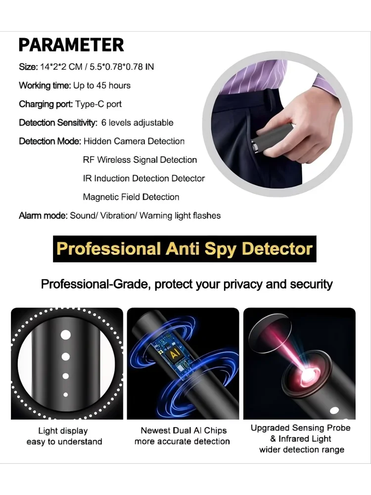 Upgraded AI Privacy Guard: Hotel/Car Spy Sweeper, Infrared & Magnetic Detection, 45H Endurance, Shockproof, Simple 2-Button