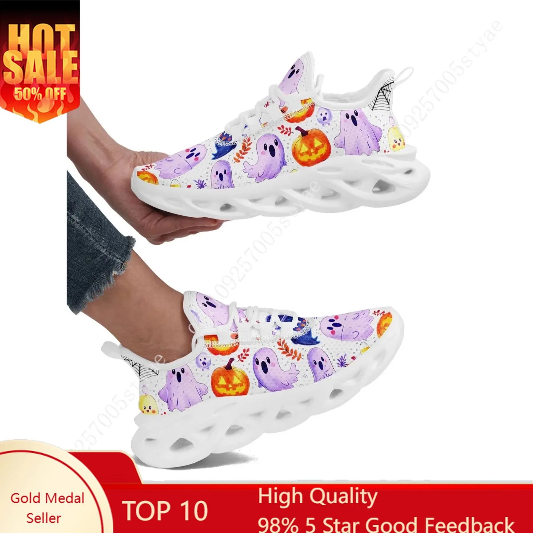 

Women's Halloween Themed Cartoon Ghost & Pumpkin Print Lace Up Running Shoes, Casual Comfortable Breathable Lightweight Sports S