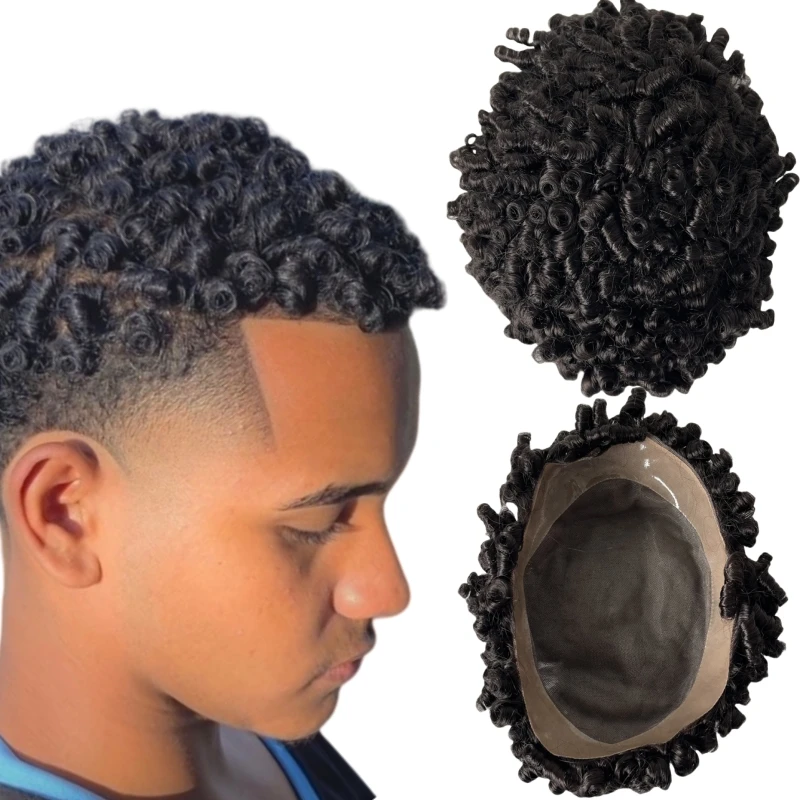 

Brazilian Virgin Human Hair Pieces #1b 15mm Curl Mono Toupee 8x10 Male Unit for Black Men