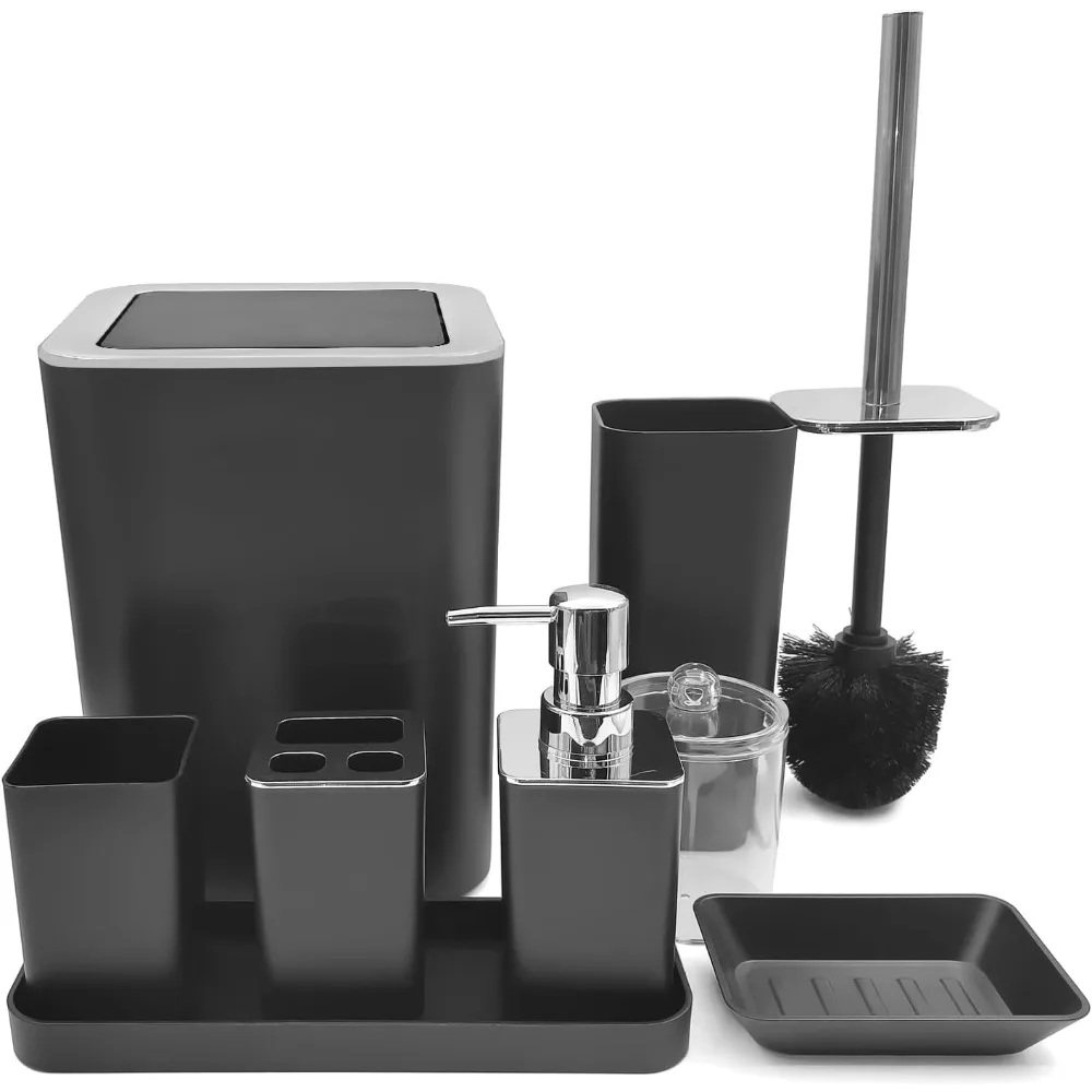 

Черный набор аксессуаров для ванной комнаты, 8 предметов с мусорным баком, дозатором для мыла, держателем для зубных щеток, чашка для зубных щеток, поддон для туалетного столика, мыльница, инструмент