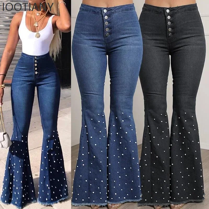 

Women Denim Flare Pants Washed Jeans High Waist Slim Fit Pockets Embroidered Flares Trousers Casual Denims Full Length Pants New