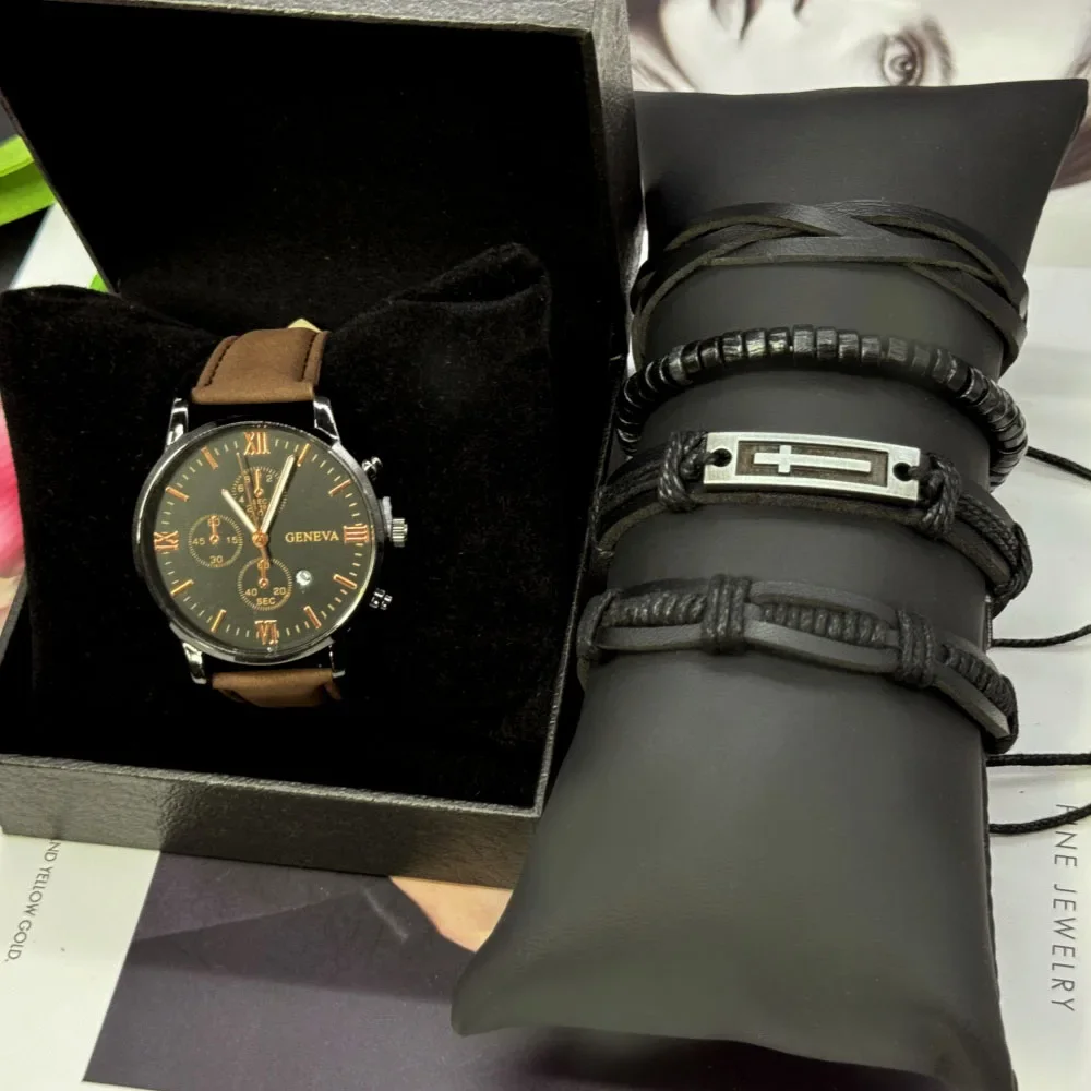 5ชิ้นนาฬิกาควอทซ์แฟชั่นเรียบง่ายฟังก์ชั่นธุรกิจและลำลองสายกันน้ำรวมกล่องสำหรับใส่พักผ่อนกลางแจ้งเล่นกีฬา