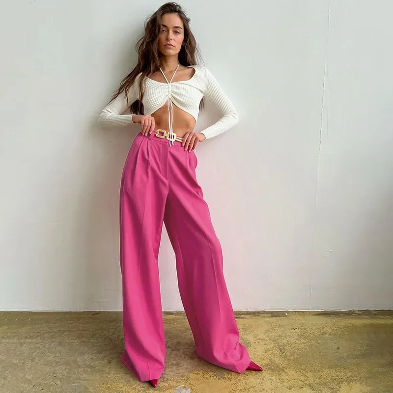 Pantalones azules de oficina para mujer, moda 2021, pantalones holgados de longitud completa para mujer, pantalones anchos informales de cintura alta para mujer